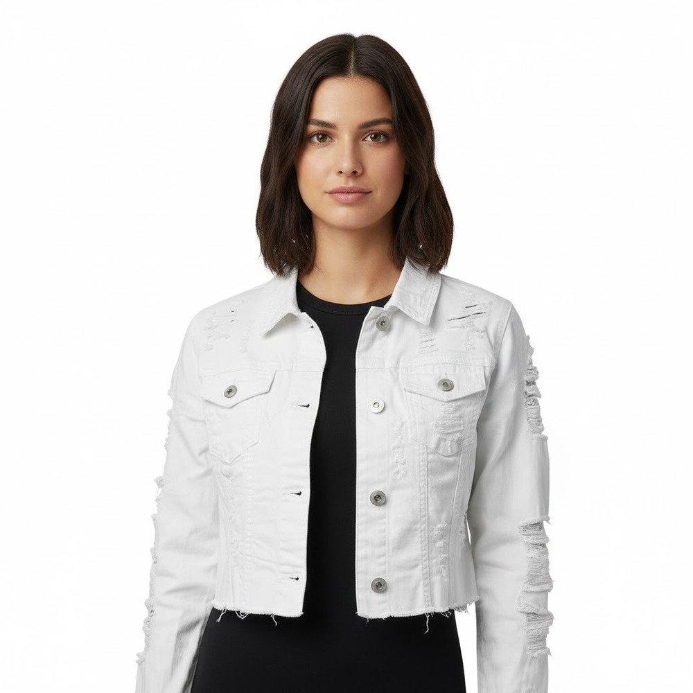 Red Fox‎ Jeans White Distressed Cropped Denim Jacket Womens Size Small